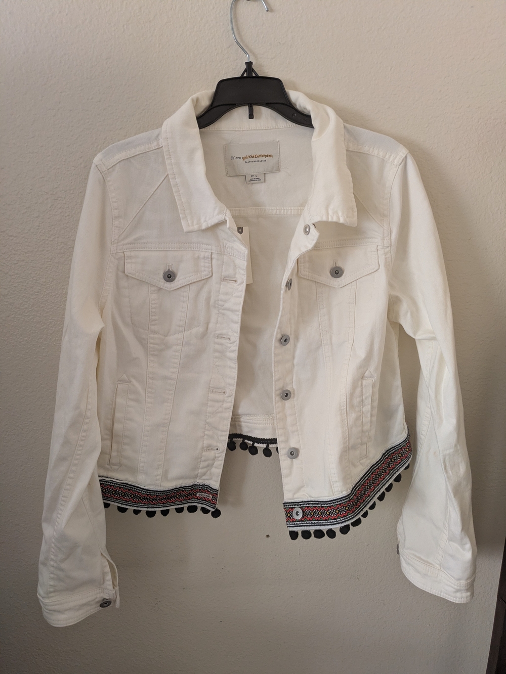 Pilcro and the Letterpress White Denim Jacket with Embroidered Hem